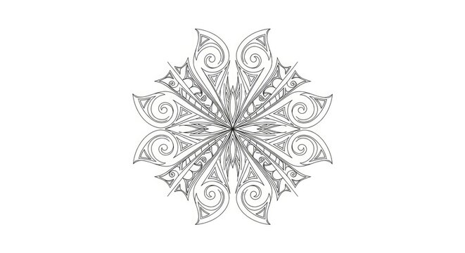 Intricate Black and White Tribal Inspired Mandala Pattern. Symmetrical Koru Line Art Geometric Design Element Illustration