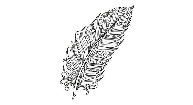 Ornate detailed feather illustration with intricate bohemian decorative patterns, hand-drawn vector art on a clean white background.