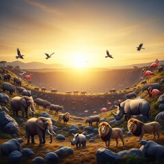 Obraz premium Panorama of a lush volcanic caldera teeming with elephants, lions, rhinos, and flamingos under radiant golden light during a majestic sunrise, wilderness, light, conservation