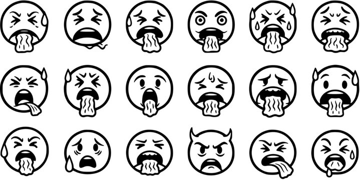 Black and White Line Art Icons of Sick and Vomiting Emojis Expressing Disgust, Nausea, and Illness for Medical and Health Concepts.