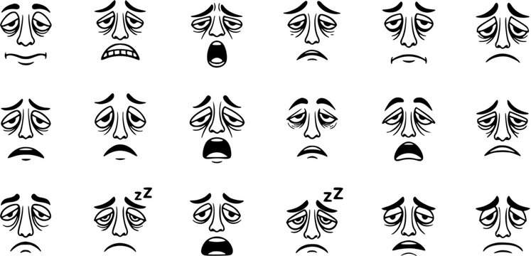 Black and White Line Art Collection of Tired and Sleepy Faces Expressing Exhaustion
