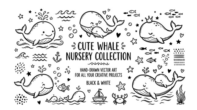 Cute whale nursery collection handdrawn vector illustration set