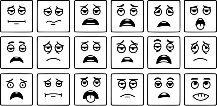 Sad Face Emoticons Set, Black and White Line Art, Expressing Negative Emotions