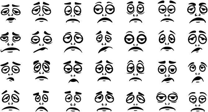Black and white line art faces with sad and worried expressions for cartoon design