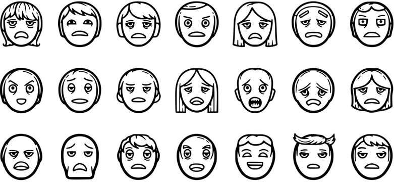 Black and White Line Art Vector of Different Emotional Faces for Empathy and Psychology Concepts