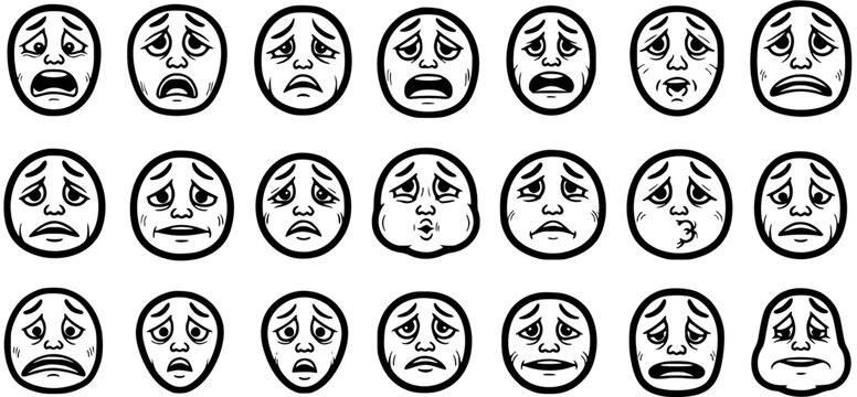Sad Emotion Faces Black and White Line Art Icons, Set of 21 Distress Expressions