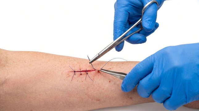 Close Up of Healthcare Worker Stitching Small Cut on Patient Hand