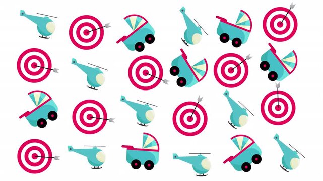 Helicopters and baby strollers in target circle patterns background, ideal for playful and modern nursery decor or graphic design projects.