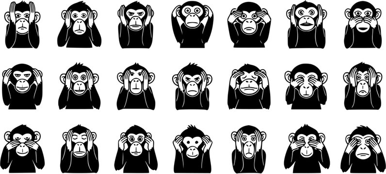 Three Wise Monkeys Glyph - See No Evil, Hear No Evil, Speak No Evil - Black and White Vector Art
