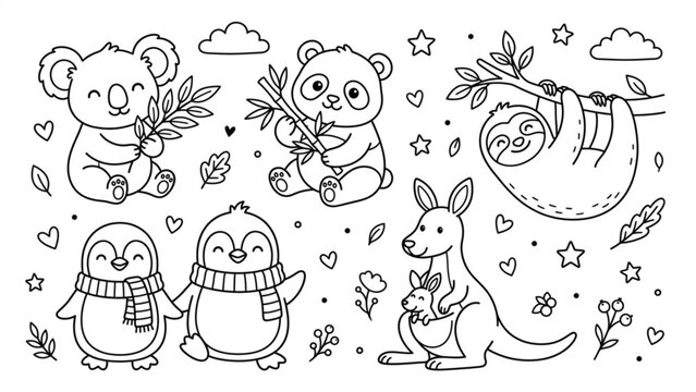 Nursery Animal Friends Line Art Collection Koala, Panda, Sloth, Penguin and Kangaroo Character Set