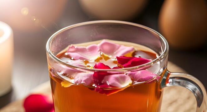 A glass of iced tea with rose petals.