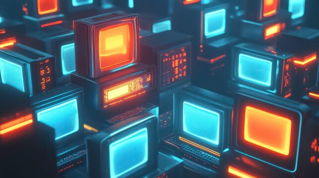 A dense cluster of vintage CRT monitors and computers with glowing screens, showcasing retro technology in a dark setting.