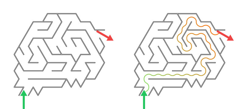 Simple maze helmet illustration with pathways highlighted in different colors  