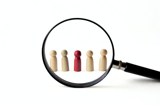 A magnifying glass focusing on a red wooden peg doll standing out in a row of natural figures, isolated on white background, concept of talent scouting, recruitment, and business auditing.