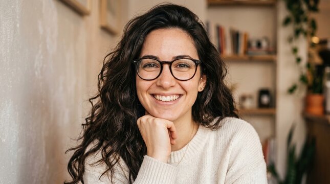 Smiling young woman with curly hair wearing glasses sitting at home portrait freelancer cheerful friendly interior