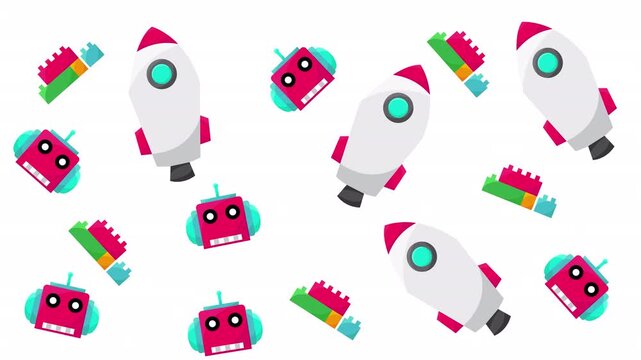 Combination of white rocket ships, pink robot heads, and colorful toy shapes. Perfect for card games, kids products, and educational materials.