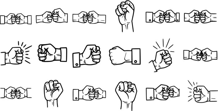 Black and White Line Art Fist Bump Icon Set, Unity and Connection Symbol