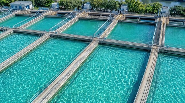 aerial view of rectangular filtration and aeration basins with clear turquoise water at modern treatment plant, industrial infrastructure and water purification concept