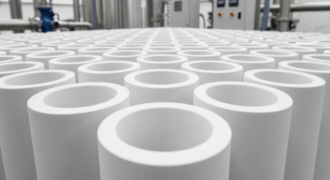 Close up of white ceramic ultrafiltration membrane modules in industrial water purification facility, clean manufacturing and engineering technology concept