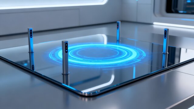 Futuristic interface with glowing blue circle