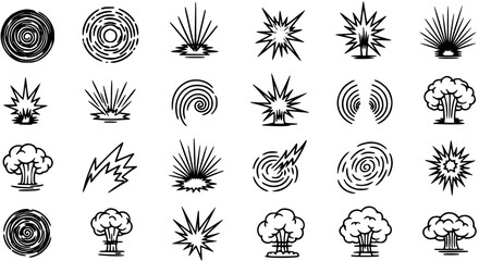 Black and White Line Art Icons of Explosions, Bombs, and Nuclear Mushroom Clouds for Impact Graphics © victoria