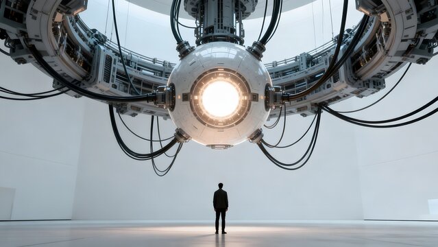 Person facing futuristic spherical machine