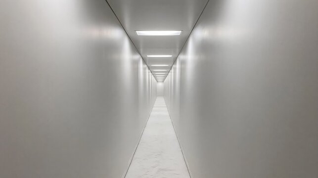 Modern minimalist sterile white long hallway with overhead fluorescent lighting stretching to infinity