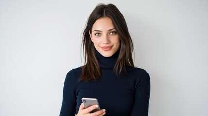 Fototapeta premium Young woman with long dark hair wearing a navy turtleneck holding a smartphone and smiling against a plain white background