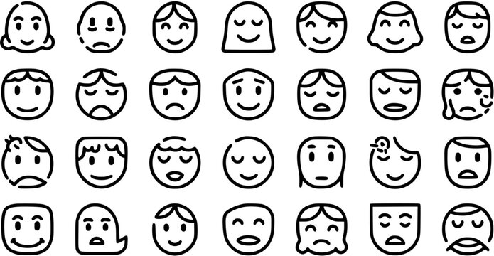 Black and White Line Art Icons of Diverse Human Emotions and Faces