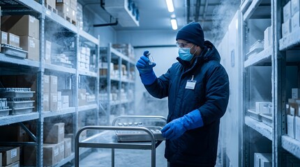 Fototapeta premium Pharmaceutical laboratory technician wearing thermal clothing and protective mask inspecting a glass vaccine vial in a large industrial cold storage warehouse with frozen shelves.
