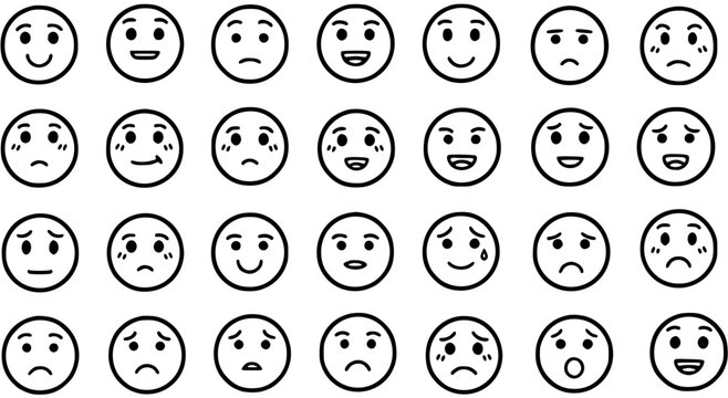 Human Emotions Line Art Emoticons Set. Black  White Faces Collection Depicting Diverse Feelings and Expressions for Communication Concepts.