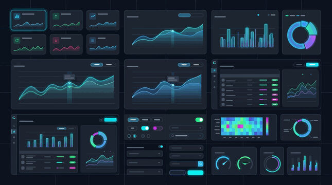 Futuristic UI dashboard vector elements with glowing neon data visualization charts and graphs on dark background