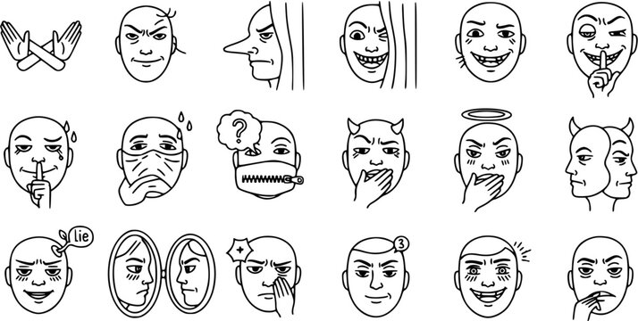 Black and White Line Art Icons of Human Behavior, Emotions, and Communication. Hand-drawn faces and gestures illustrating psychological concepts like secrets, lies, and expressions.