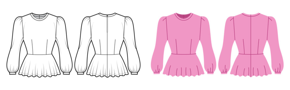 Peplum top with fitted bodice, long puff sleeves and flared hem creating feminine structured silhouette clean shaping seams. Technical fashion illustration in black white color, front and back views