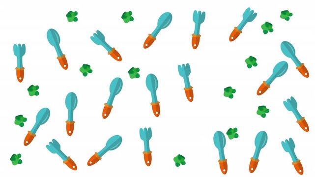 Blue garden forks, spoons, green leaf clusters on white background pattern. Perfect for gardening, kitchen, or springthemed designs. Versatile and vibrant.