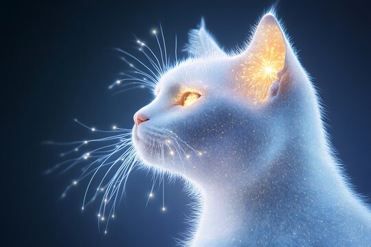 A unique artwork of a cat, whose physical form is represented by glowing golden and white starlike points and lines against a deep blue