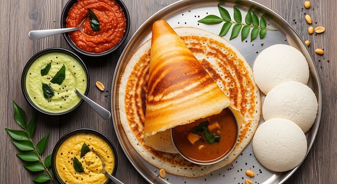 Traditional Indian breakfast dish with dosa idli and various chutneys on a plate
