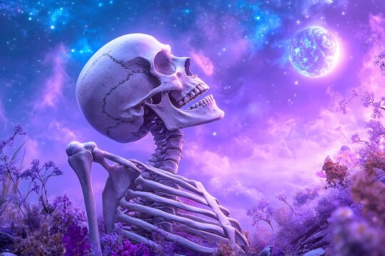 Dark fantasy illustration of a cracked skull and partial skeleton overgrown with dark flowers and vines, facing up towards a cosmic sky