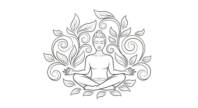Elegant line drawing of a meditative woman surrounded by flowing nature elements