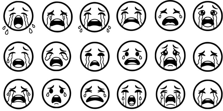 Black and White Line Art Crying Emoticon Faces, Sad Mood Icons