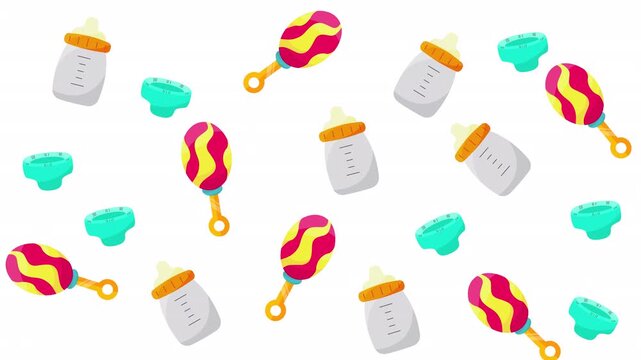 Baby accessories pattern with bottles, rattles, diapers, and colorful toys. Suitable for baby product packaging, nursery decorations, and childrens print designs.