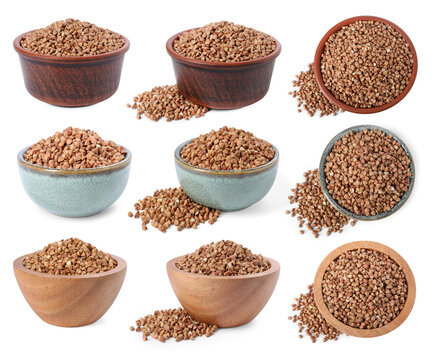 Buckwheat grains in bowls isolated on white, set. Top and side view