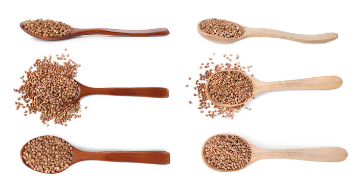 Buckwheat grains in spoons isolated on white, set. Top and side view