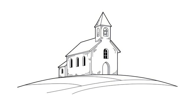 Simple black-and-white line drawing of a small church on a hill