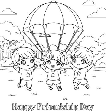 Three cartoon children sharing parachute on Friendship Day.