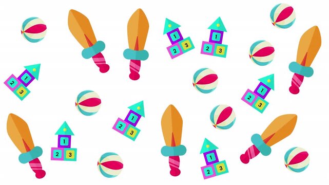 Wooden swords, beach balls, number blocks  a vibrant collection of toys for kids, suitable for childrens playroom decor.