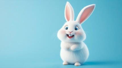 Fototapeta premium Adorable cartoon white rabbit sitting on a light blue background.