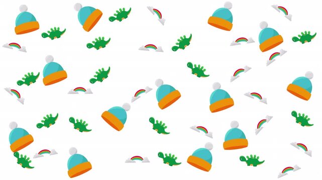 Cute winter hats with dinosaur designs and colorful rainbows. Perfect for childrens clothing designs and winterthemed projects.