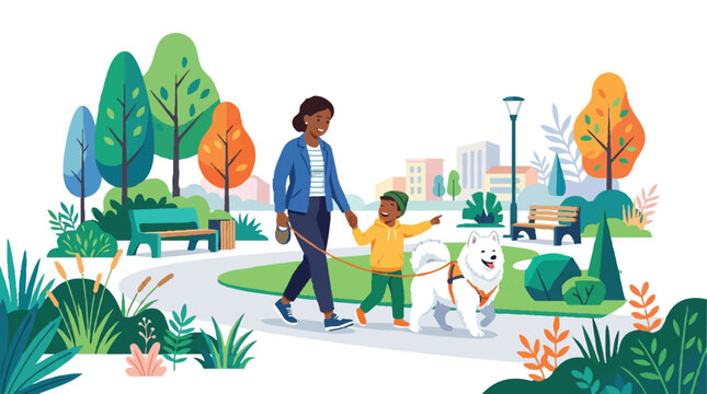 Happy African American Mother and Son Walking a Samoyed Dog in a Sunny City Park - Flat Vector Illustration