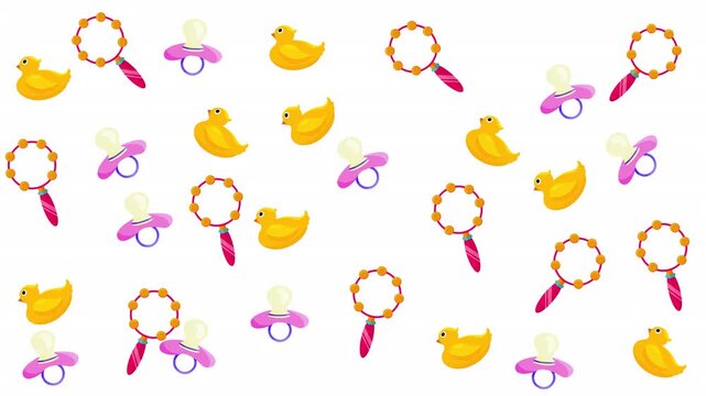 Yellow rubber ducks, pink pacifiers, round rattles in baby toy pattern, perfect for baby shower invitations, nursery decor, and childcare products.